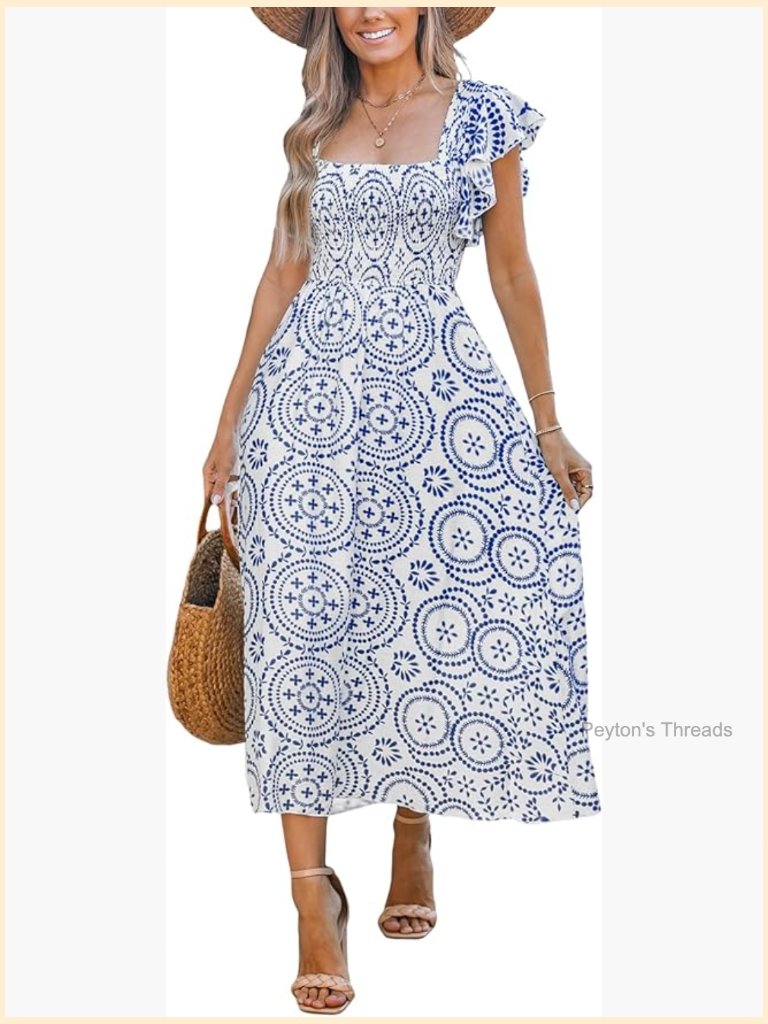 Women's Square Neck Flutter Sleeve Smocked Midi Dress Paisley Boho Sundress